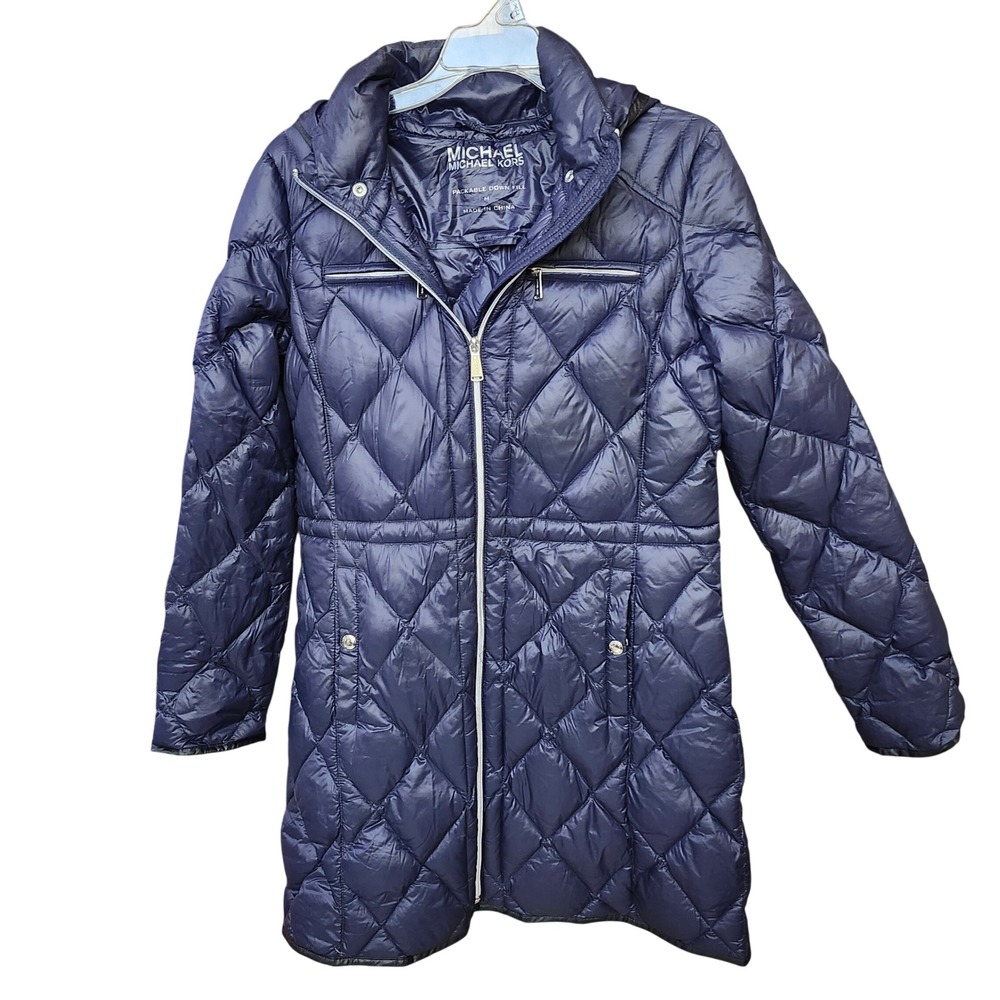 Michael Kors Packable Quilted Down Fill Hooded Long Puffer Coat Navy Blue Size M - Picture 3 of 11